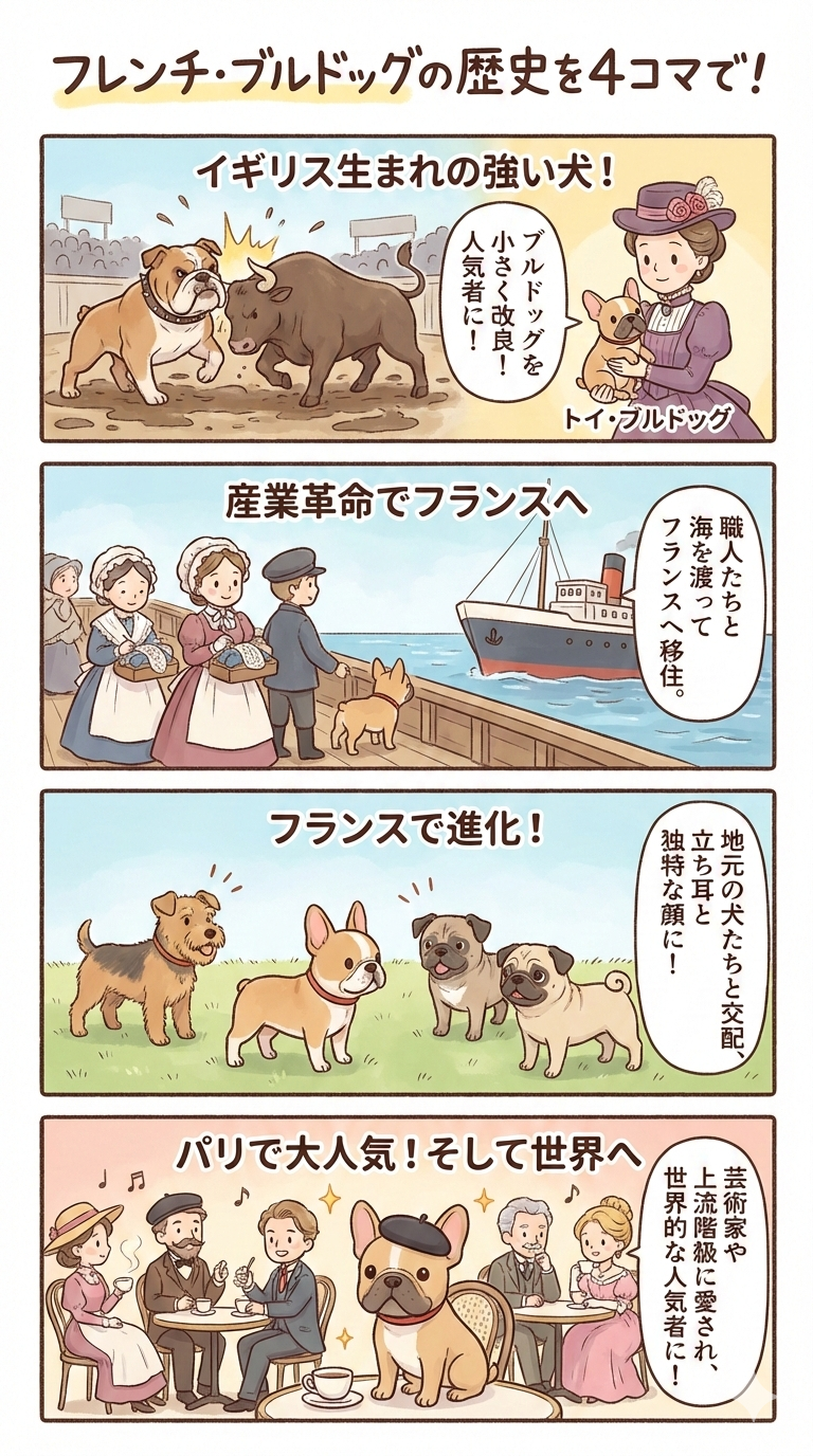 フレンチ・ブルドッグの成り立ちの4コマ漫画