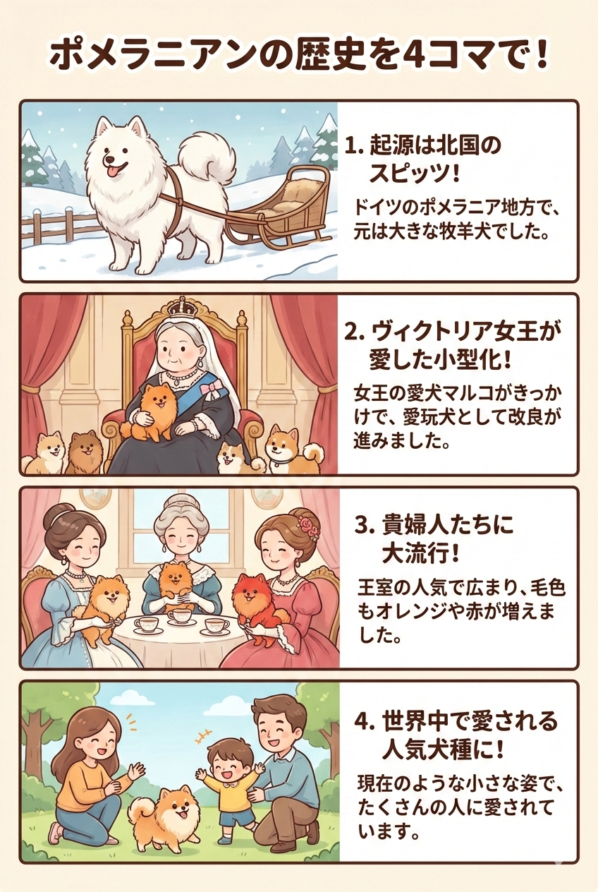 ポメラニアンの成り立ちの4コマ漫画