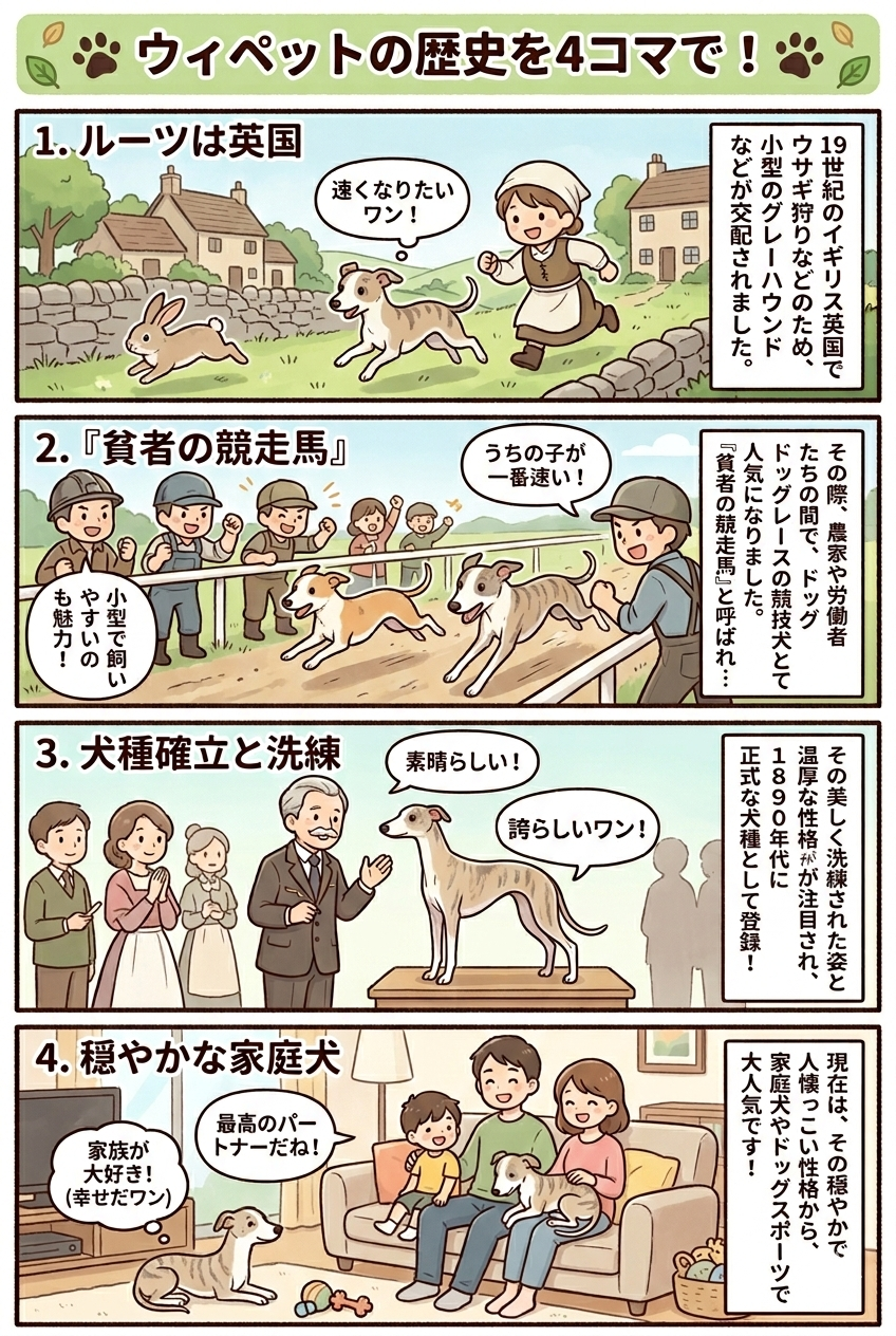 ウィペットの成り立ちに関する4コマ漫画